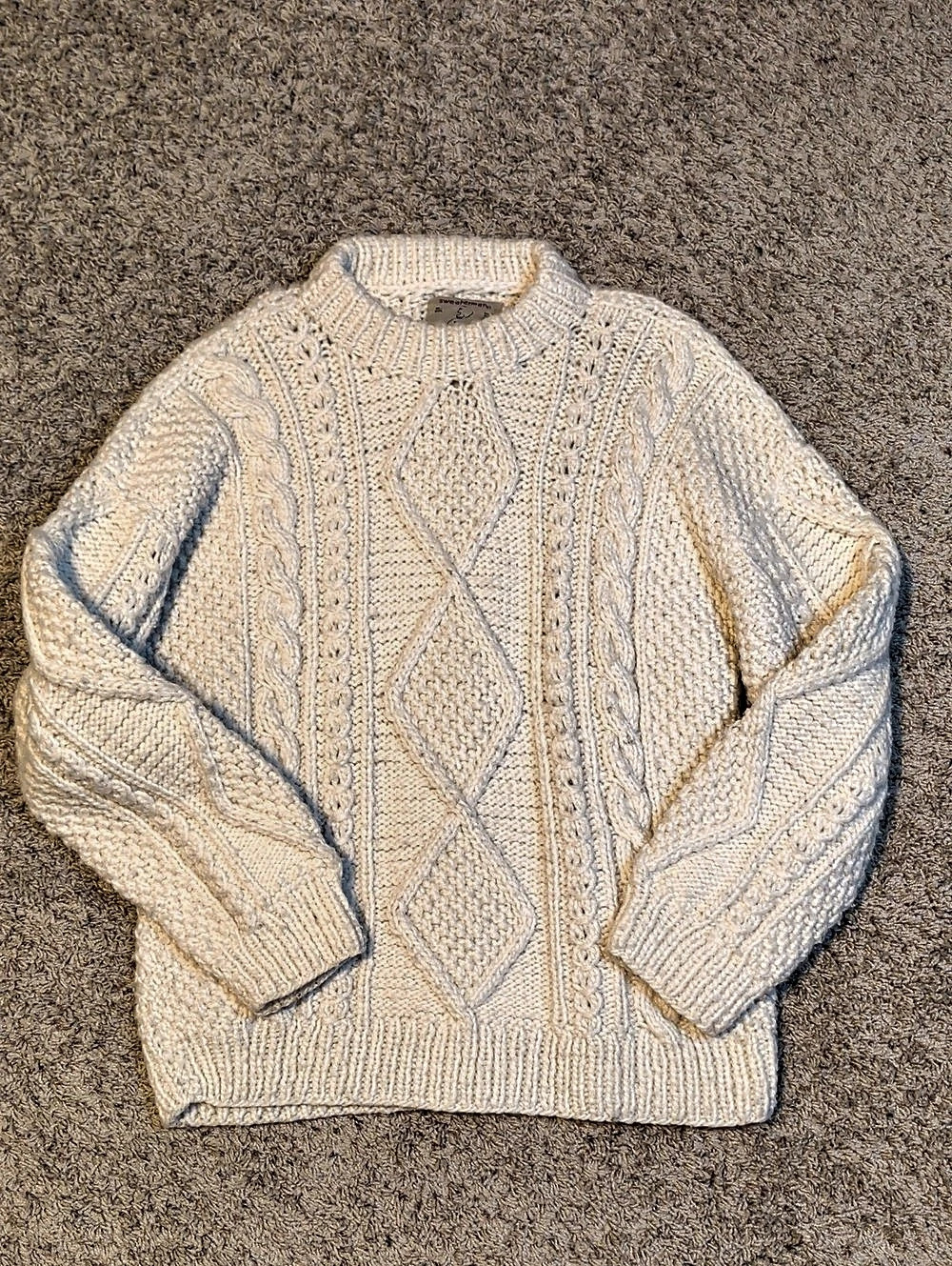 sweatermano Cream Fishing Cable Knit Crewneck Sz L 100% Wool